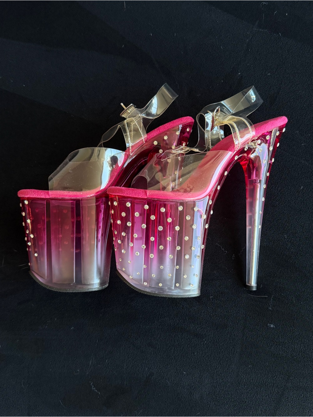 Pleaser Pink and Clear Platform Heels with Rhinestones